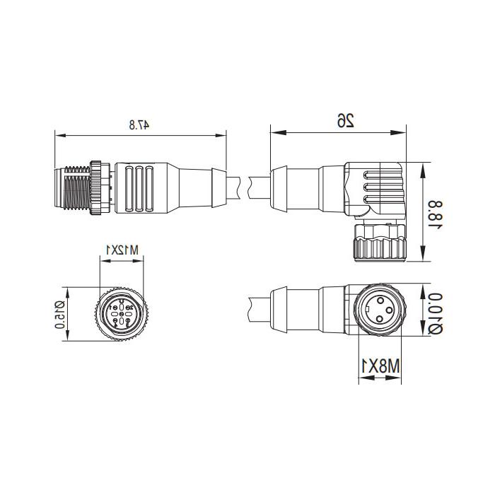 M8 to M12 3Pin, M8 female 90° to M12 male straight, double-ended precast PUR flexible cable, black sheath, 63D221-XXX