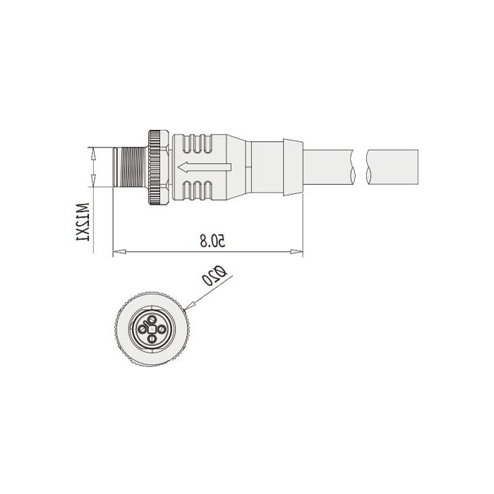 M12 4Pin T-coded, male straight, single-end pre-cast PVC non-flexible cable, gray sheath, 64TP21-XXX