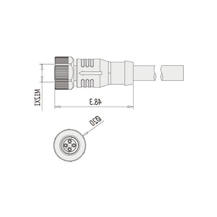 M12 4Pin T-coded, straight female, single-end pre-cast PVC non-flexible cable, yellow sheath, 64TP03-XXX