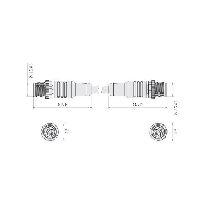 M12 4-PIN D-coded, male straight turn male straight, double end pre-cast PVC non-flexible cable, with shielding, grey sheathing, 64DD27-XXX