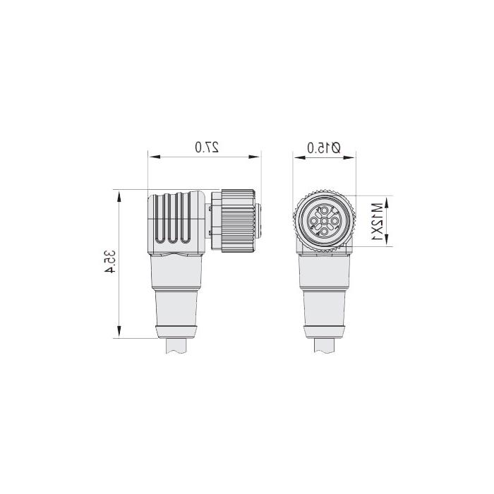 M12 3Pin, female head 90°, single-end precast cable, welding slag resistant PUR material, orange sheath, 64T003-XXX