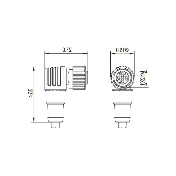 M12 5Pin, pin 5 gray, female 90°, LED light, single end pre-cast PVC non-flexible cable, gray sheathing, 64S303-XXX